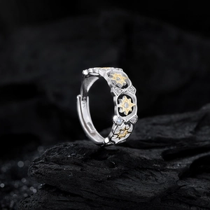 S925 sterling silver hollow star ring with gold accents and sparkling zircons