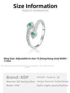 Détails de la bague serpent en argent sterling S925 avec zircons verts et infos de taille