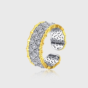 Bague Ouverte en Argent Sterling 925 Vintage pour Femme Artisanat Italien Dentelle Nid d'Abeille Bicolore Zirconia Réglable