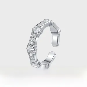 Detail showing bamboo style silver ring with micro-pave cubic zirconia accents