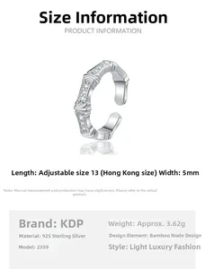 Detailed specs of S925 sterling silver bamboo ring with pavé diamonds and 3.62g weight