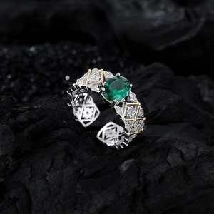 Vintage S925 silver emerald ring with gold lace textures and adjustable open band