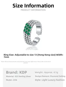 Detailed view of S925 sterling silver adjustable ring with triple-row green zircon setting