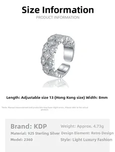 Detail of S925 sterling silver vintage hollow ring with dimensions and 8mm width info