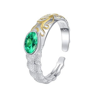 S925 silver two-tone open ring with green zircon and textured scroll pattern details