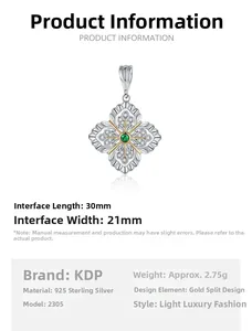 Detail of S925 sterling silver snowflake pendant with 30mm x 21mm size and green gem