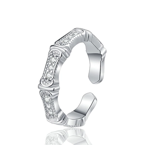 S925 sterling silver bamboo joint open ring with micro-pave cubic zirconia accents