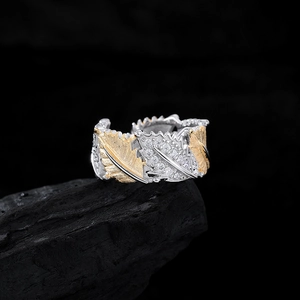 S925 Silber Ahornblatt Ring in Gold und Silber bicolor mit Zirkonia-Verzierung