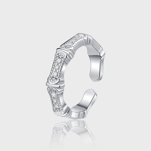 925 Sterling Silver Bamboo Open Ring For Women Elegant Micro Pave Rhinestone Adjustable Finger Ring Fashion Jewelry Gift