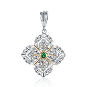 S925 sterling silver snowflake pendant with green gemstone and hollow floral design