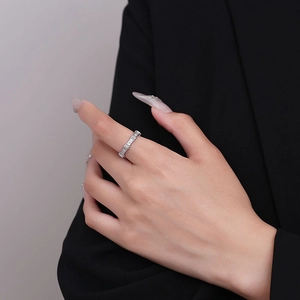 Minimalist S925 sterling silver bamboo joint open ring with micro-pave zirconia diamonds