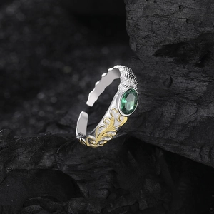 Adjustable S925 silver ring with gold accents, green zircon, and vintage floral vine patterns