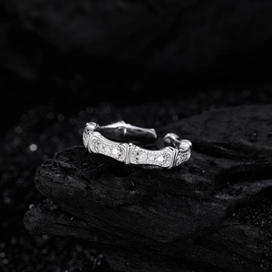 Elegant S925 sterling silver bamboo joint open ring with micro-pave sparkling diamonds