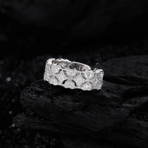 Vintage S925 sterling silver hollow floral open ring with white zircon on black texture