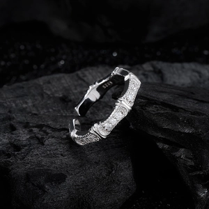 S925 sterling silver bamboo style open ring with micro-paved cubic zirconia stones