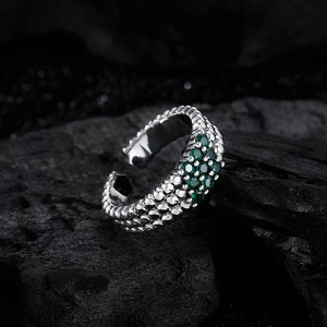 S925 sterling silver open ring featuring green zircon stones and textured metal band