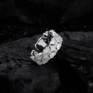 Vintage S925 sterling silver hollow lattice ring with pavé crystals on charcoal base