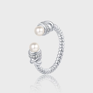 Bague Ouverte En Argent Sterling 925 Avec Künstliche Perles Blanches Et Zirconia Texture Câble Torsadé Élégante Pour Femme