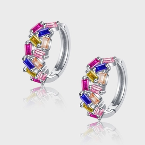 Boucles d'Oreilles Créoles en Argent Sterling 925 Avec Strass Rectangulaires Multicolores Pour Femmes Bijoux De Mode Élégants Haut De Gamme