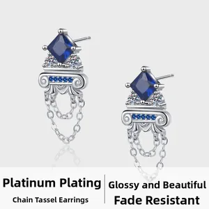 Detail of S925 silver chain fringe earrings with square blue zircon and white diamonds