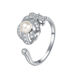 Luxurious S925 sterling silver pearl feather ring with sparkling pavé zircons for women