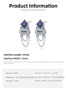 Detailed view of S925 silver fringe earrings with blue zircon and 25mm length dimensions