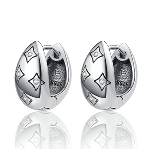 Vintage S925 sterling silver hoop earrings with engraved star patterns and micro-inlay stones