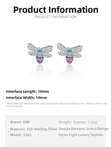 Detail view of 925 sterling silver bee stud earrings with colorful gemstones and dimensions