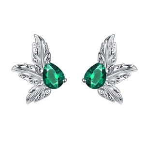 S925 sterling silver leaf earrings with green zircon stones in a vintage water drop design