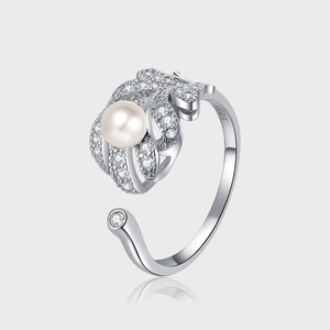 925 Sterling Silver Feather Artificial Pearl Open Ring Elegant Zirconia Adjustable Finger Ring For Women Light Luxury High Quality Jewelry