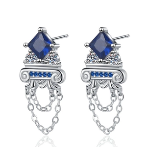 Elegant S925 sterling silver earrings with blue square zircon and long chain tassels