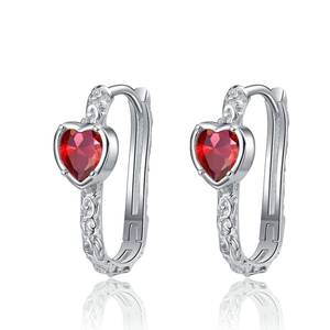 Elegant S925 sterling silver heart-shaped red zircon earrings with baroque textured finish