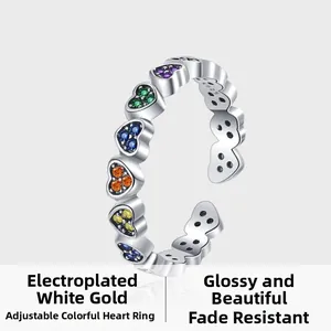 Close-up of S925 sterling silver ring with multi-colored heart-shaped zirconia stones