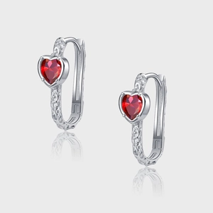 925 Sterling Silver Red Heart Zirconia Hoop Earrings Vintage Texture Relief Small Cool Style Heart Shaped Jewelry For Women