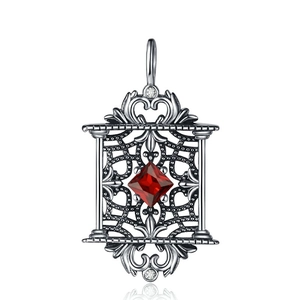 Pendentif rétro en argent massif S925 avec zircon rouge carré et reliefs de style palais