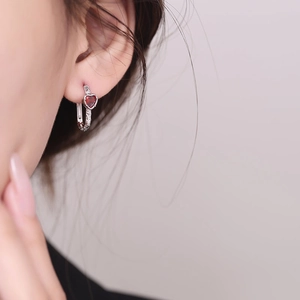 S925 sterling silver heart-shaped hoop earrings with red zircon and sparkling stones