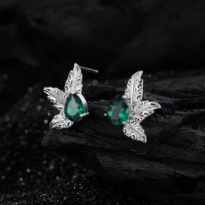 S925 sterling silver leaf earrings with green pear-cut zircon and filigree detail