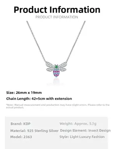 Macro view of S925 silver bee pendant with colorful zircons and detailed measurements