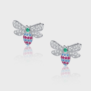 925 Sterling Silver Bee Stud Earrings For Women Colorful Rhinestone Inlaid Animal Design Personalized Sweet Cool Style Fashion Jewelry
