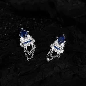 S925 sterling silver tassel earrings with blue zircon and elegant architectural details