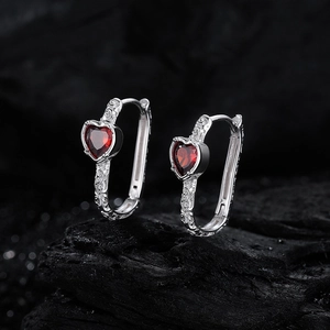 S925 silver heart red zircon earrings featuring vintage relief texture and dark luxury style