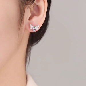 S925 sterling silver butterfly bee stud earrings with colorful zircon and micro diamonds