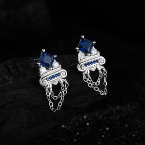 Vintage S925 sterling silver tassel earrings with blue zircon in ionic column design