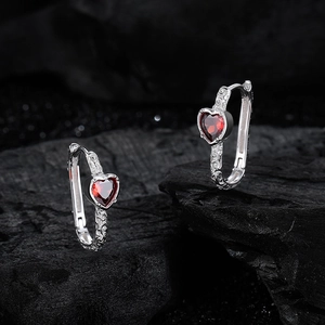 S925 sterling silver hoop earrings with red heart zircon and vintage vine texture