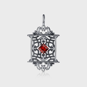 Pendentif en Argent Sterling 925 Vintage Effet Vieilli Palais Ajouré Rectangle Zirconia Rouge Relief de Haute Qualité Pendentif Femme Bijoux