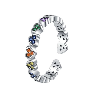 S925 sterling silver adjustable open ring with colorful heart shaped zircon stones