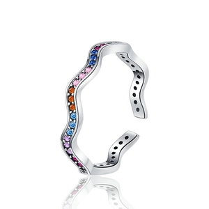 Elegant 925 sterling silver wave ring featuring a colorful gradient gemstone inlay design