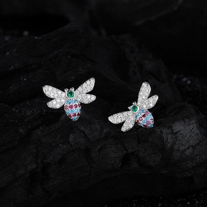 S925 sterling silver bee stud earrings with colorful crystal stones and zircon wing inlay