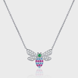 S925 Sterling Silver Bee Necklace Micro Inlaid Colorful Rhinestone Animal Insect Pendant Clavicle Chain Jewelry For Women