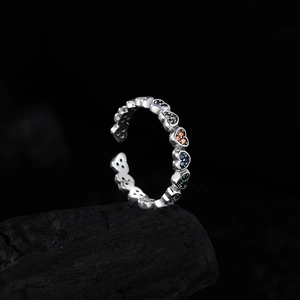 Adjustable S925 sterling silver ring with colorful heart-shaped zircon stones